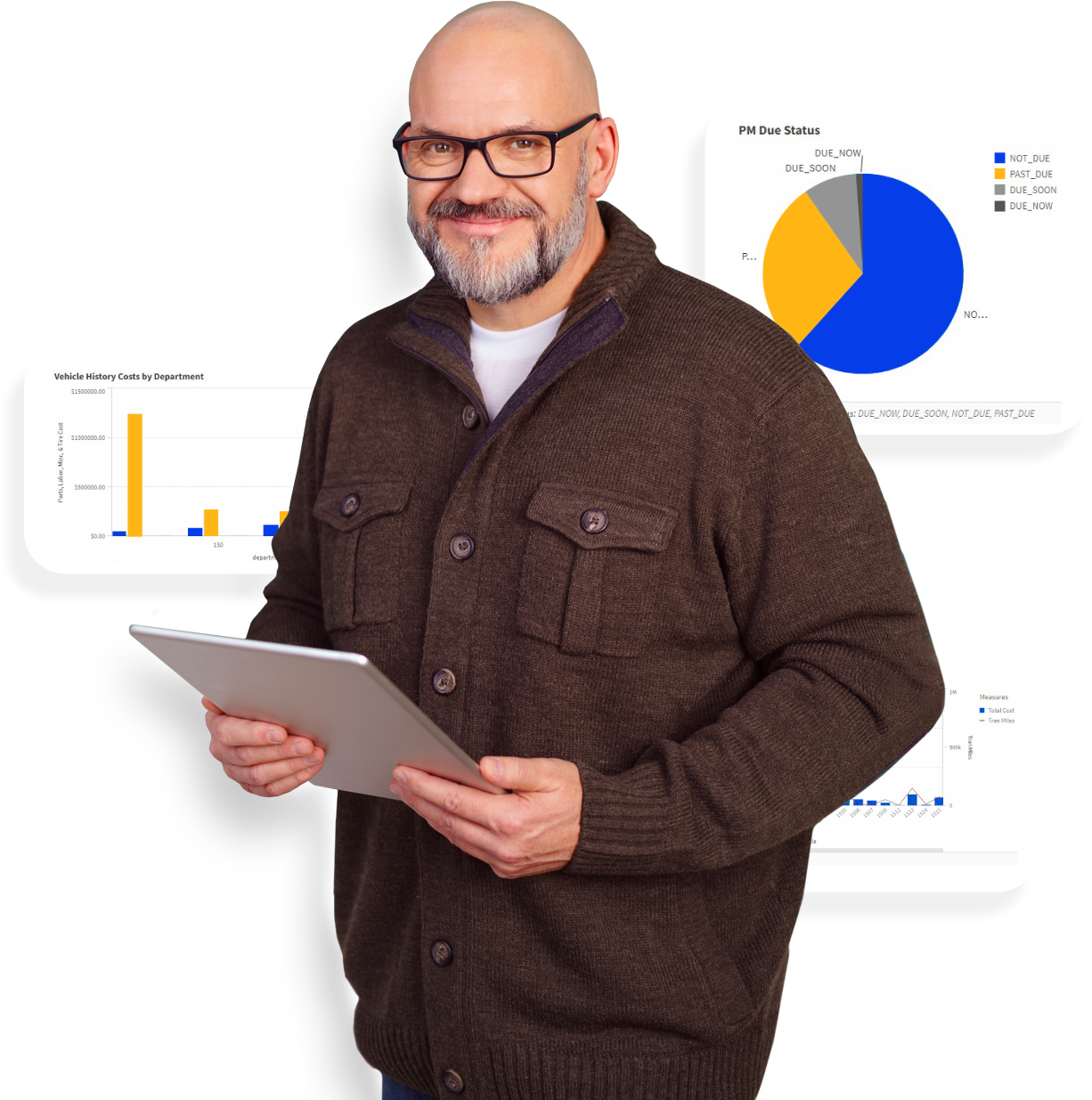 Man holding tablet with charts in the background.